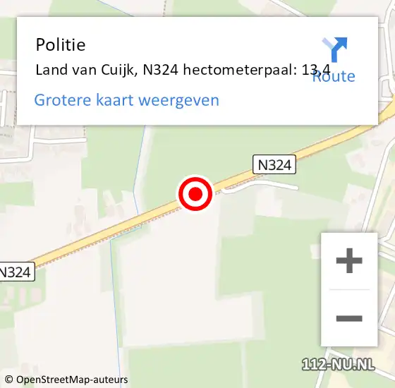 Locatie op kaart van de 112 melding: Politie Land van Cuijk, N324 hectometerpaal: 13,4 op 10 maart 2023 15:50