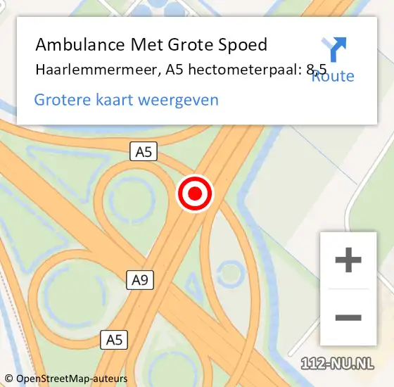 Locatie op kaart van de 112 melding: Ambulance Met Grote Spoed Naar Haarlemmermeer, A5 hectometerpaal: 8,5 op 10 maart 2023 16:30