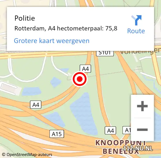 Locatie op kaart van de 112 melding: Politie Rotterdam, A4 hectometerpaal: 75,8 op 10 maart 2023 16:53