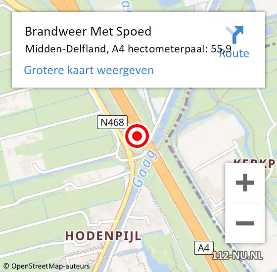 Locatie op kaart van de 112 melding: Brandweer Met Spoed Naar Midden-Delfland, A4 hectometerpaal: 55,9 op 10 maart 2023 17:24