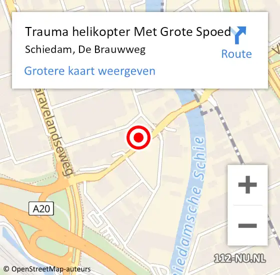 Locatie op kaart van de 112 melding: Trauma helikopter Met Grote Spoed Naar Schiedam, De Brauwweg op 10 maart 2023 21:02