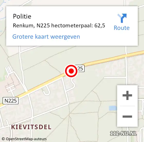 Locatie op kaart van de 112 melding: Politie Renkum, N225 hectometerpaal: 62,5 op 10 maart 2023 22:08