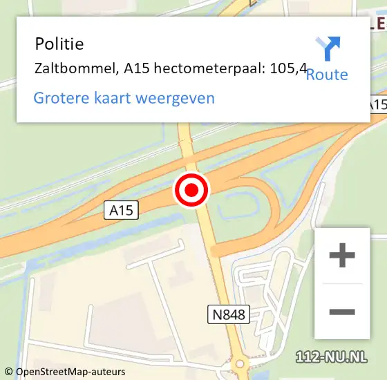 Locatie op kaart van de 112 melding: Politie Zaltbommel, A15 hectometerpaal: 105,4 op 11 maart 2023 12:05