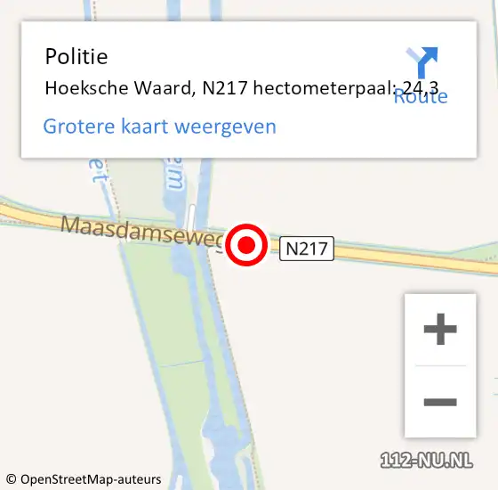 Locatie op kaart van de 112 melding: Politie Hoeksche Waard, N217 hectometerpaal: 24,3 op 11 maart 2023 15:11