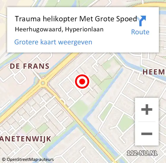 Locatie op kaart van de 112 melding: Trauma helikopter Met Grote Spoed Naar Heerhugowaard, Hyperionlaan op 11 maart 2023 15:38