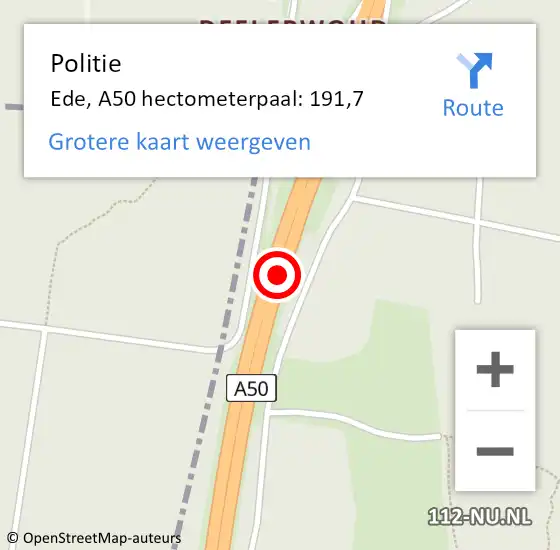 Locatie op kaart van de 112 melding: Politie Ede, A50 hectometerpaal: 191,7 op 11 maart 2023 19:12