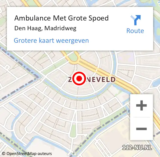 Locatie op kaart van de 112 melding: Ambulance Met Grote Spoed Naar Den Haag, Madridweg op 12 maart 2023 00:23