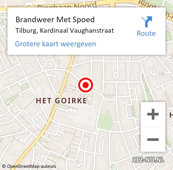 Locatie op kaart van de 112 melding: Brandweer Met Spoed Naar Tilburg, Kardinaal Vaughanstraat op 12 maart 2023 07:47