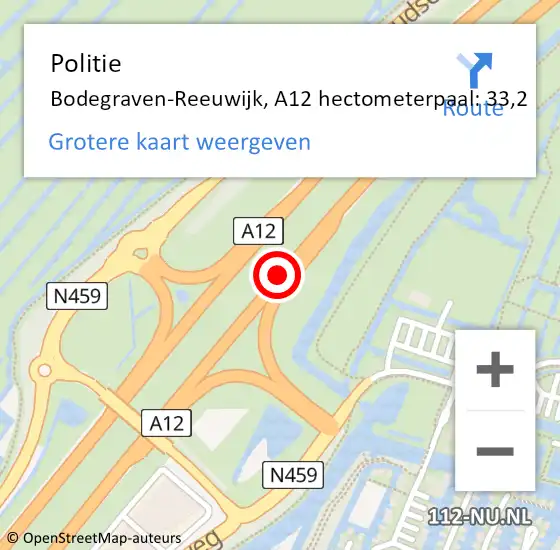 Locatie op kaart van de 112 melding: Politie Bodegraven-Reeuwijk, A12 hectometerpaal: 33,2 op 12 maart 2023 14:32