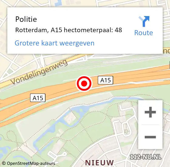 Locatie op kaart van de 112 melding: Politie Rotterdam, A15 hectometerpaal: 48 op 12 maart 2023 15:59
