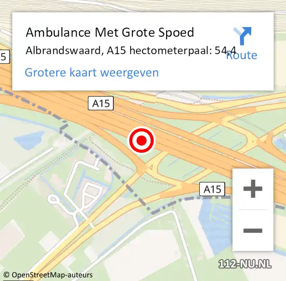 Locatie op kaart van de 112 melding: Ambulance Met Grote Spoed Naar Albrandswaard, A15 hectometerpaal: 54,4 op 13 maart 2023 06:38