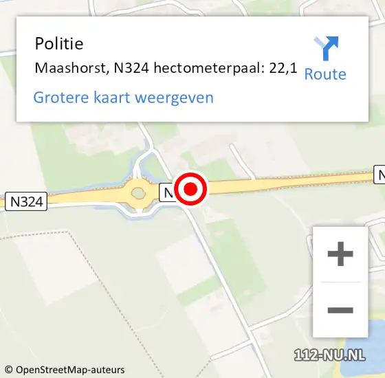 Locatie op kaart van de 112 melding: Politie Maashorst, N324 hectometerpaal: 22,1 op 13 maart 2023 07:49