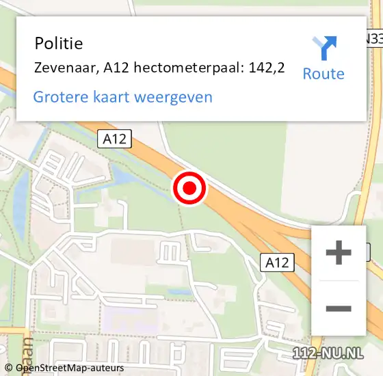 Locatie op kaart van de 112 melding: Politie Zevenaar, A12 hectometerpaal: 142,2 op 13 maart 2023 08:55