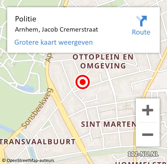 Locatie op kaart van de 112 melding: Politie Arnhem, Jacob Cremerstraat op 13 maart 2023 13:10