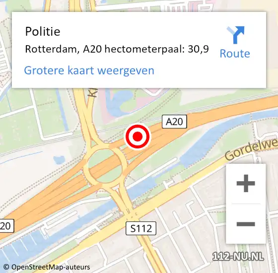 Locatie op kaart van de 112 melding: Politie Rotterdam, A20 hectometerpaal: 30,9 op 13 maart 2023 13:22
