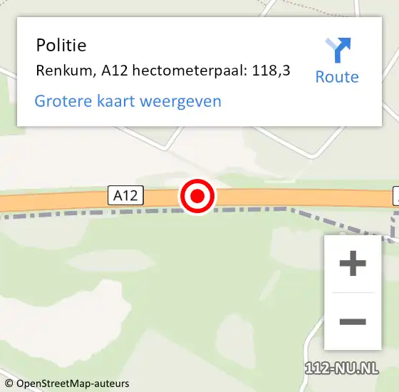 Locatie op kaart van de 112 melding: Politie Renkum, A12 hectometerpaal: 118,3 op 13 maart 2023 13:22