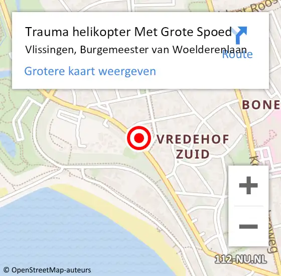 Locatie op kaart van de 112 melding: Trauma helikopter Met Grote Spoed Naar Vlissingen, Burgemeester van Woelderenlaan op 13 maart 2023 13:35