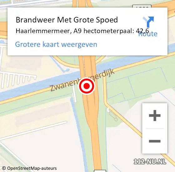 Locatie op kaart van de 112 melding: Brandweer Met Grote Spoed Naar Haarlemmermeer, A9 hectometerpaal: 42,6 op 13 maart 2023 13:57