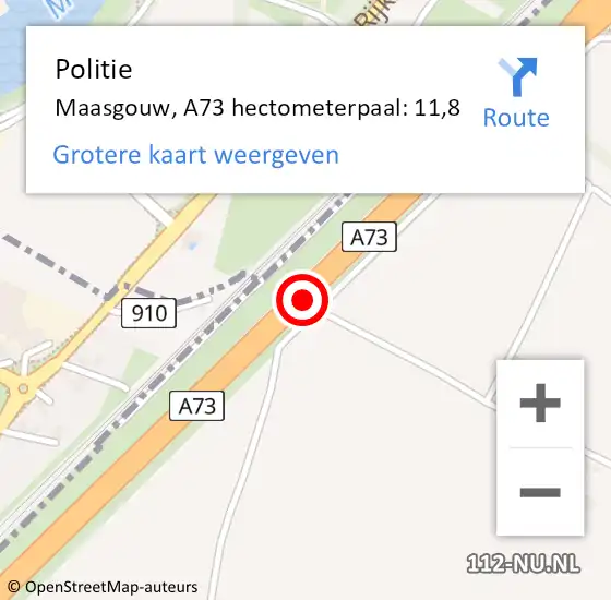 Locatie op kaart van de 112 melding: Politie Maasgouw, A73 hectometerpaal: 11,8 op 13 maart 2023 14:16