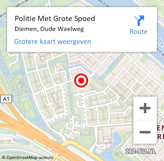 Locatie op kaart van de 112 melding: Politie Met Grote Spoed Naar Diemen, Oude Waelweg op 13 maart 2023 15:40