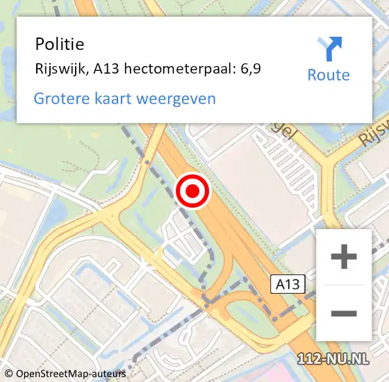 Locatie op kaart van de 112 melding: Politie Delft, A13 hectometerpaal: 6,9 op 13 maart 2023 15:55