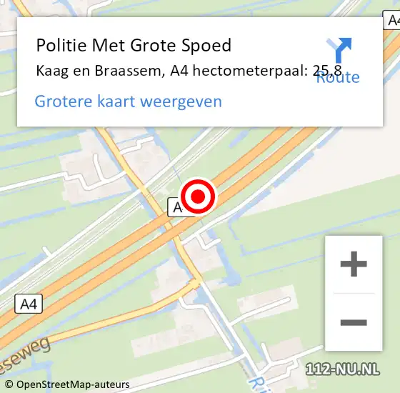 Locatie op kaart van de 112 melding: Politie Met Grote Spoed Naar Kaag en Braassem, A4 hectometerpaal: 25,8 op 13 maart 2023 16:07