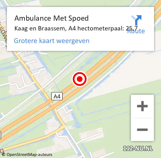 Locatie op kaart van de 112 melding: Ambulance Met Spoed Naar Kaag en Braassem, A4 hectometerpaal: 25,7 op 13 maart 2023 16:09