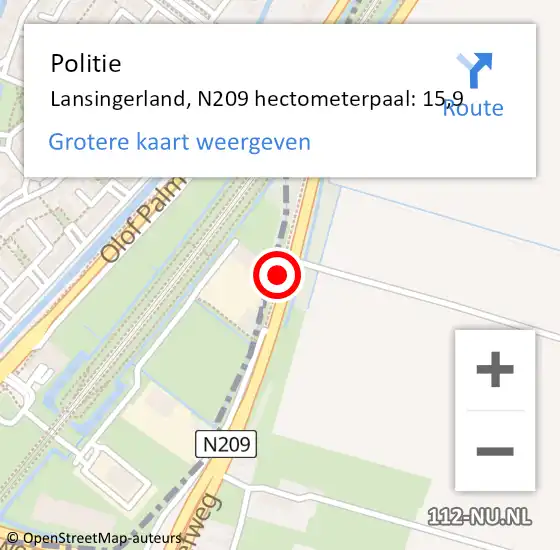 Locatie op kaart van de 112 melding: Politie Zuidplas, N209 hectometerpaal: 15,9 op 13 maart 2023 16:26