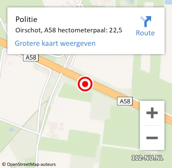 Locatie op kaart van de 112 melding: Politie Oirschot, A58 hectometerpaal: 22,5 op 13 maart 2023 16:56
