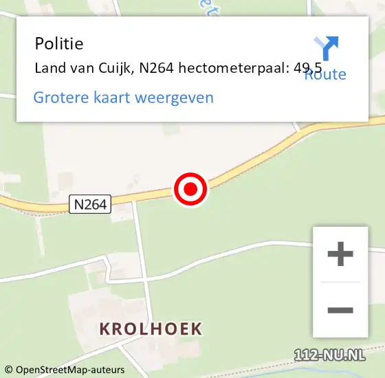 Locatie op kaart van de 112 melding: Politie Land van Cuijk, N264 hectometerpaal: 49,5 op 13 maart 2023 16:56