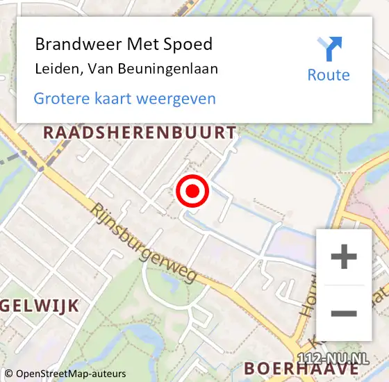 Locatie op kaart van de 112 melding: Brandweer Met Spoed Naar Leiden, Van Beuningenlaan op 13 maart 2023 17:07