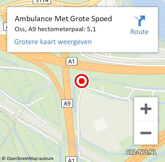 Locatie op kaart van de 112 melding: Ambulance Met Grote Spoed Naar Oss, A9 hectometerpaal: 5,1 op 13 maart 2023 17:13