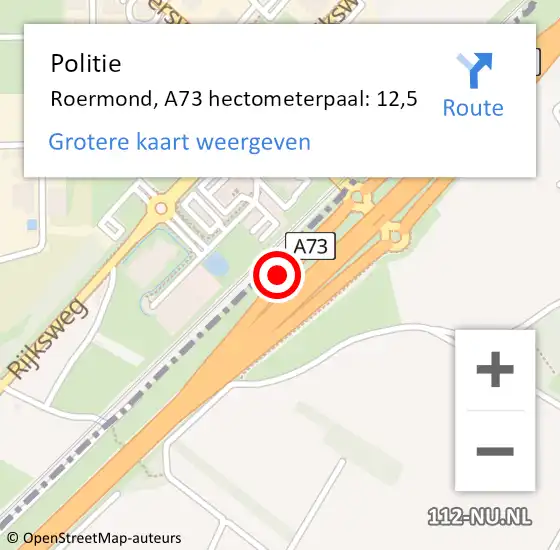 Locatie op kaart van de 112 melding: Politie Roermond, A73 hectometerpaal: 12,5 op 13 maart 2023 17:29