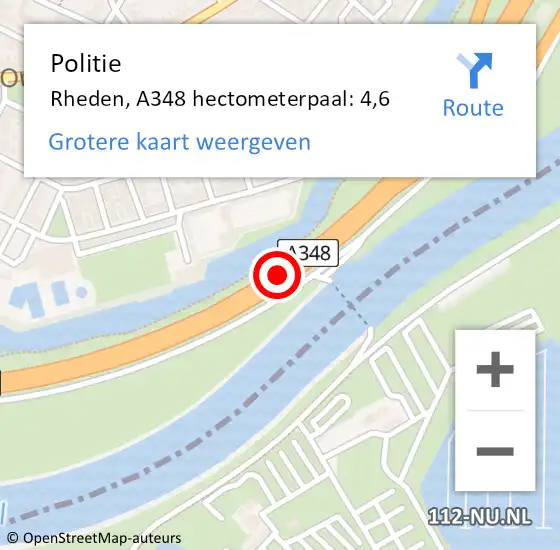 Locatie op kaart van de 112 melding: Politie Rheden, A348 hectometerpaal: 4,6 op 13 maart 2023 19:13