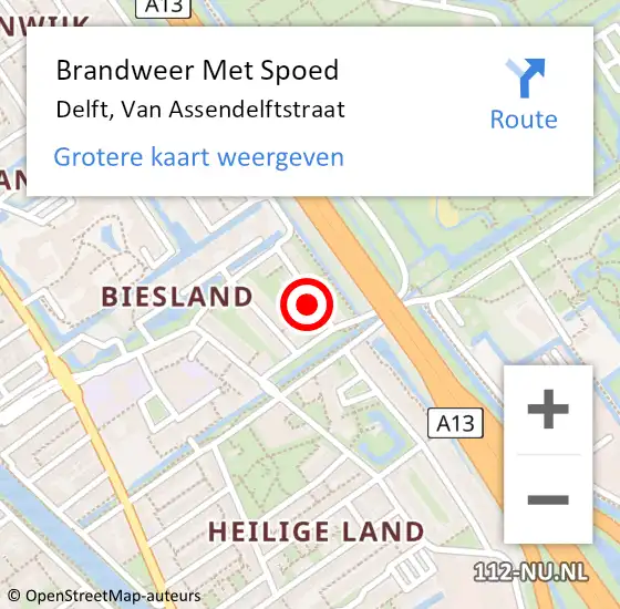 Locatie op kaart van de 112 melding: Brandweer Met Spoed Naar Delft, Van Assendelftstraat op 13 maart 2023 21:29