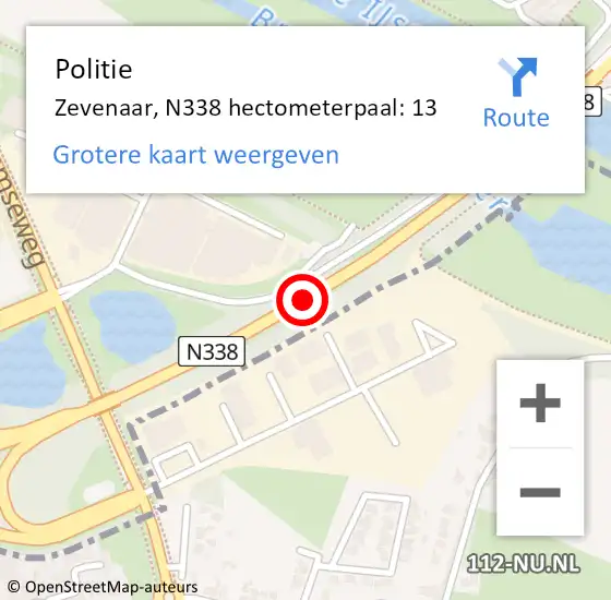 Locatie op kaart van de 112 melding: Politie Zevenaar, N338 hectometerpaal: 13 op 14 maart 2023 07:37