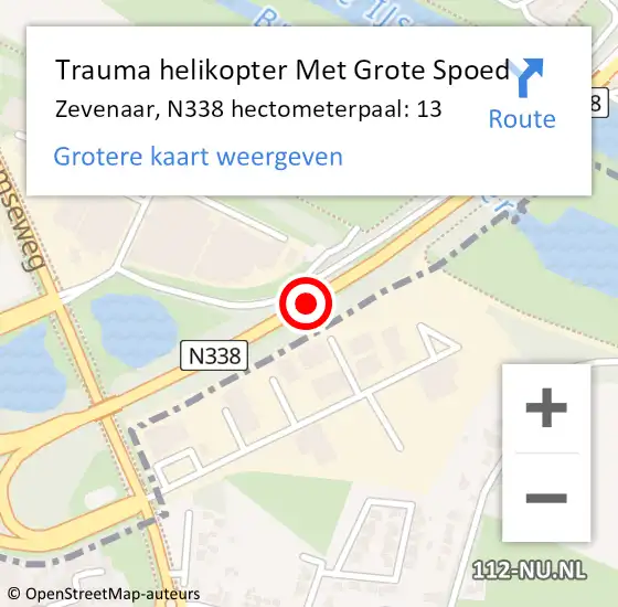 Locatie op kaart van de 112 melding: Trauma helikopter Met Grote Spoed Naar Zevenaar, N338 hectometerpaal: 13 op 14 maart 2023 07:58