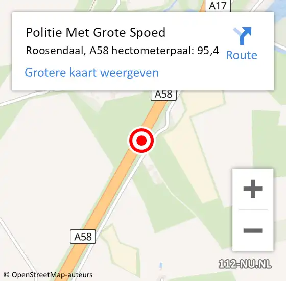 Locatie op kaart van de 112 melding: Politie Met Grote Spoed Naar Roosendaal, A58 hectometerpaal: 95,4 op 14 maart 2023 08:24