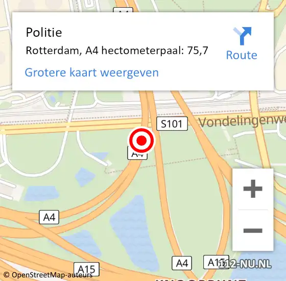 Locatie op kaart van de 112 melding: Politie Rotterdam, A4 hectometerpaal: 75,7 op 14 maart 2023 08:38