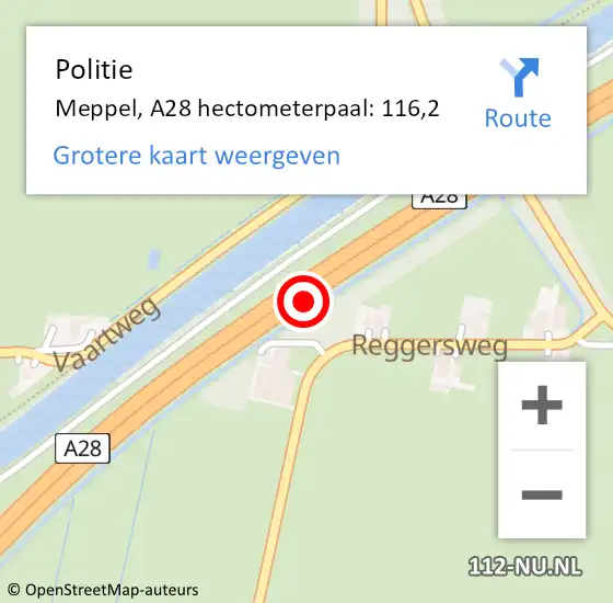 Locatie op kaart van de 112 melding: Politie Meppel, A28 hectometerpaal: 116,2 op 14 maart 2023 09:10