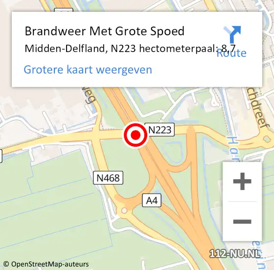 Locatie op kaart van de 112 melding: Brandweer Met Grote Spoed Naar Midden-Delfland, N223 hectometerpaal: 8,7 op 14 maart 2023 09:36