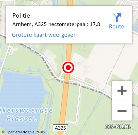 Locatie op kaart van de 112 melding: Politie Overbetuwe, A325 hectometerpaal: 17,8 op 14 maart 2023 12:59