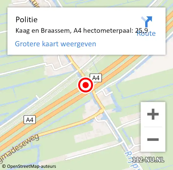 Locatie op kaart van de 112 melding: Politie Kaag en Braassem, A4 hectometerpaal: 25,9 op 14 maart 2023 14:21