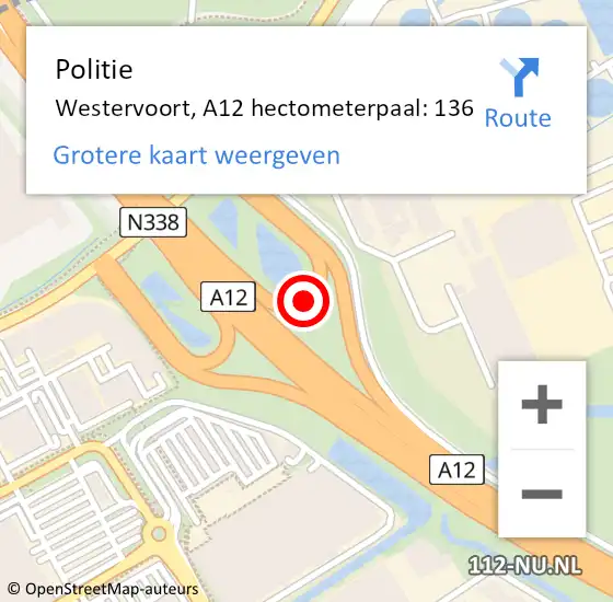 Locatie op kaart van de 112 melding: Politie Westervoort, A12 hectometerpaal: 136 op 14 maart 2023 17:37