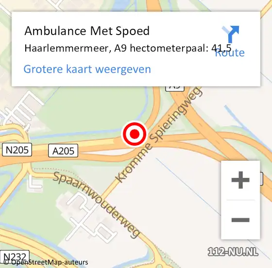 Locatie op kaart van de 112 melding: Ambulance Met Spoed Naar Haarlemmermeer, A9 hectometerpaal: 41,5 op 14 maart 2023 18:01