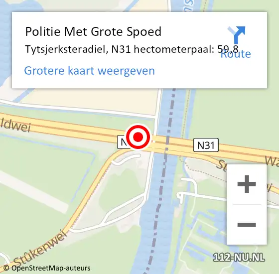 Locatie op kaart van de 112 melding: Politie Met Grote Spoed Naar Tytsjerksteradiel, N31 hectometerpaal: 59,8 op 14 maart 2023 20:17