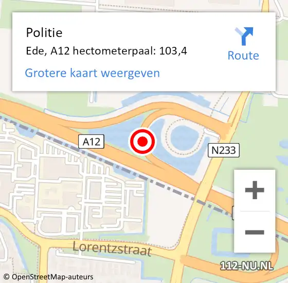 Locatie op kaart van de 112 melding: Politie Ede, A12 hectometerpaal: 103,4 op 14 maart 2023 20:19