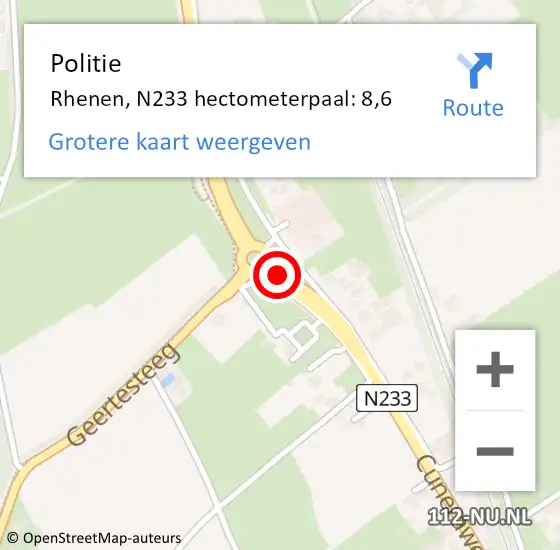 Locatie op kaart van de 112 melding: Politie Rhenen, N233 hectometerpaal: 8,6 op 14 maart 2023 22:58