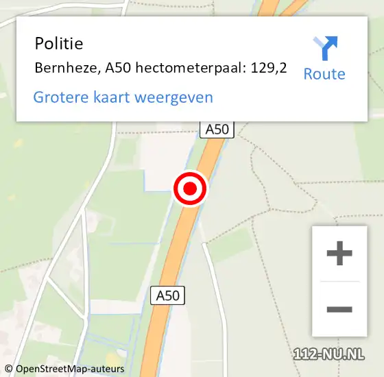 Locatie op kaart van de 112 melding: Politie Bernheze, A50 hectometerpaal: 129,2 op 14 maart 2023 23:01