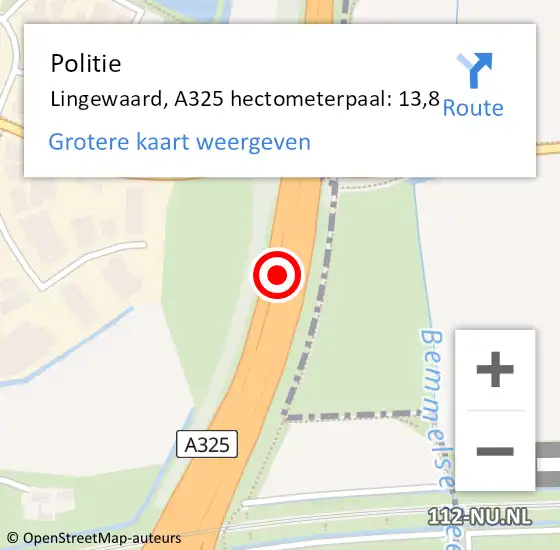 Locatie op kaart van de 112 melding: Politie Lingewaard, A325 hectometerpaal: 13,8 op 14 maart 2023 23:10